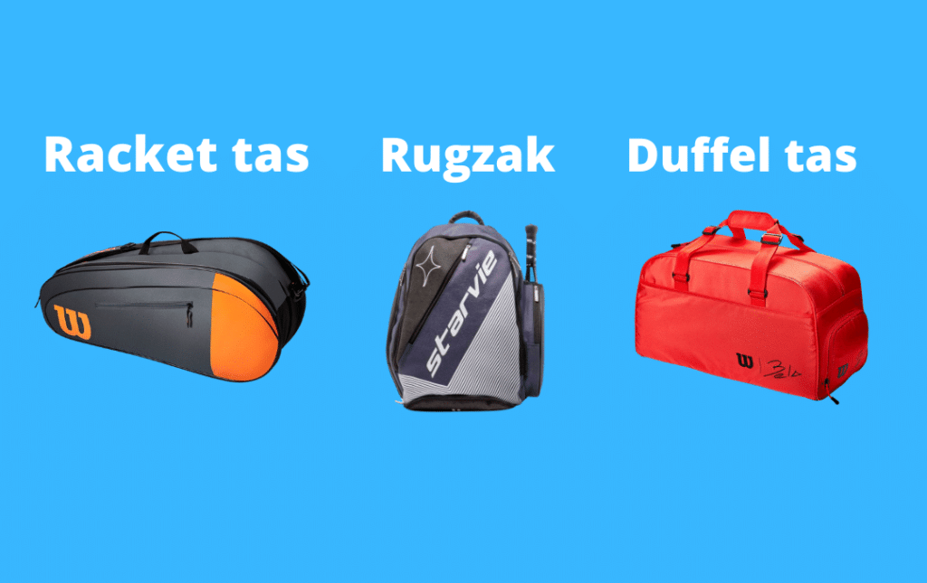 Foto van 3 verschillende soorten padel tassen op een rij. Een racket tas, rugzak en een duffel tas. 
