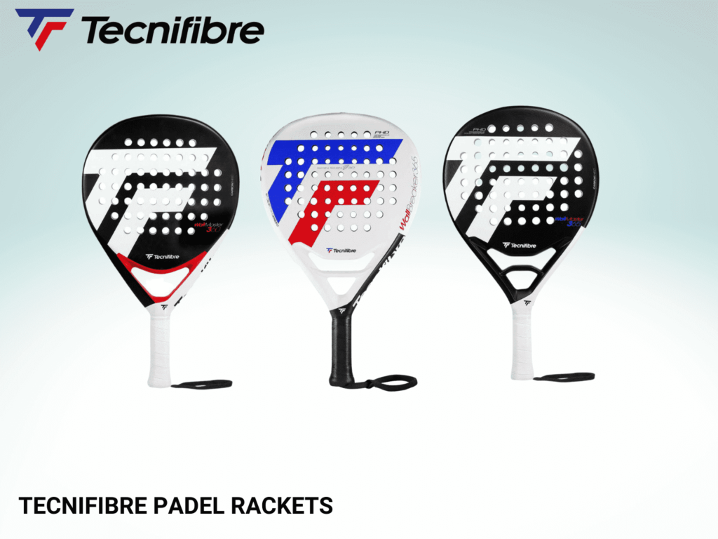 Een foto van de nieuwe padel rackets van Tecnifibre met 3 padel rackets naast elkaar 