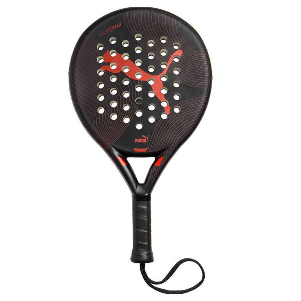 Foto van de PUMA Solar Smash padel racket van de voorkant in zwarte kleur met een rode rint